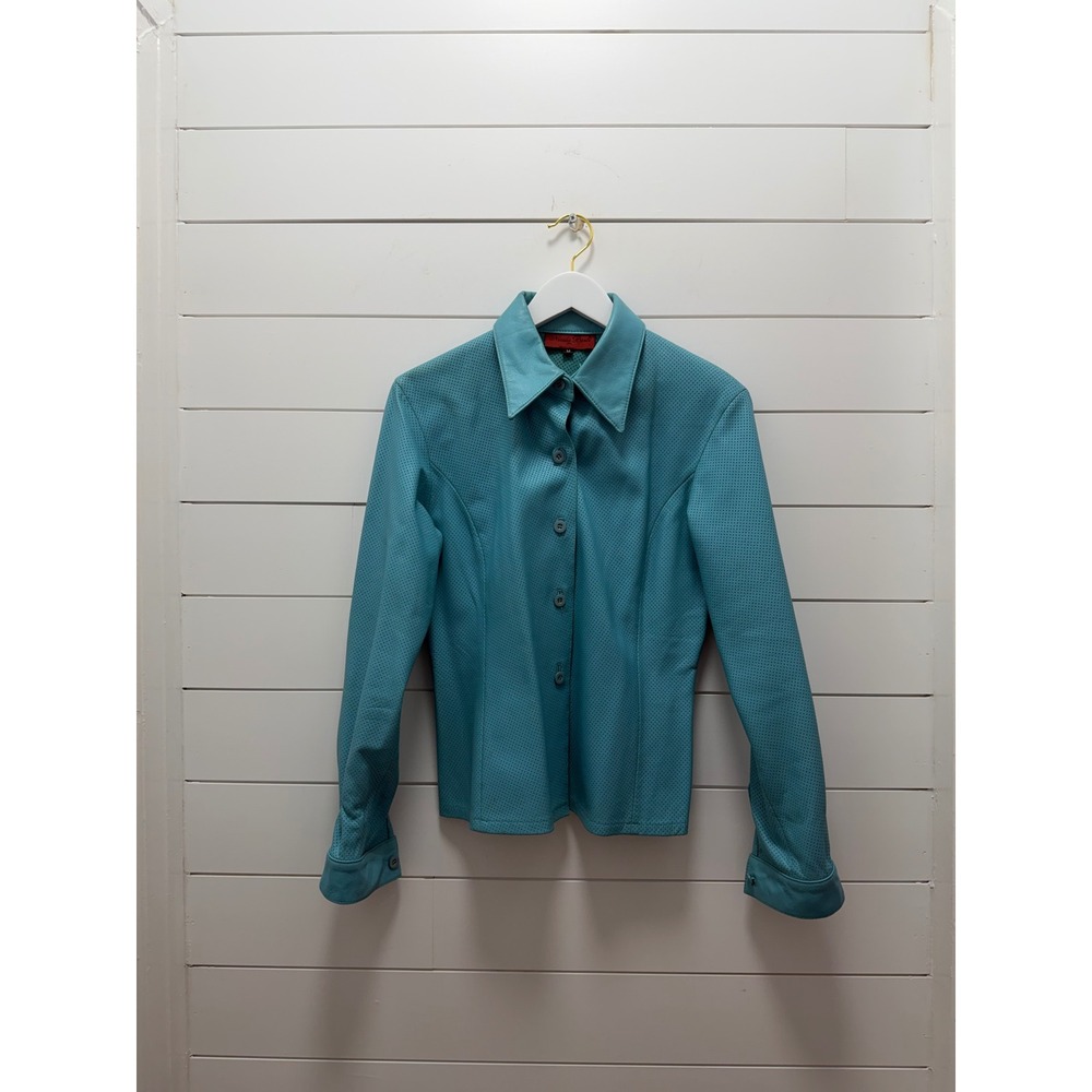 Nicola Berti Sz M Teal Perforated Italian Leather Shirt Jacket Formal
